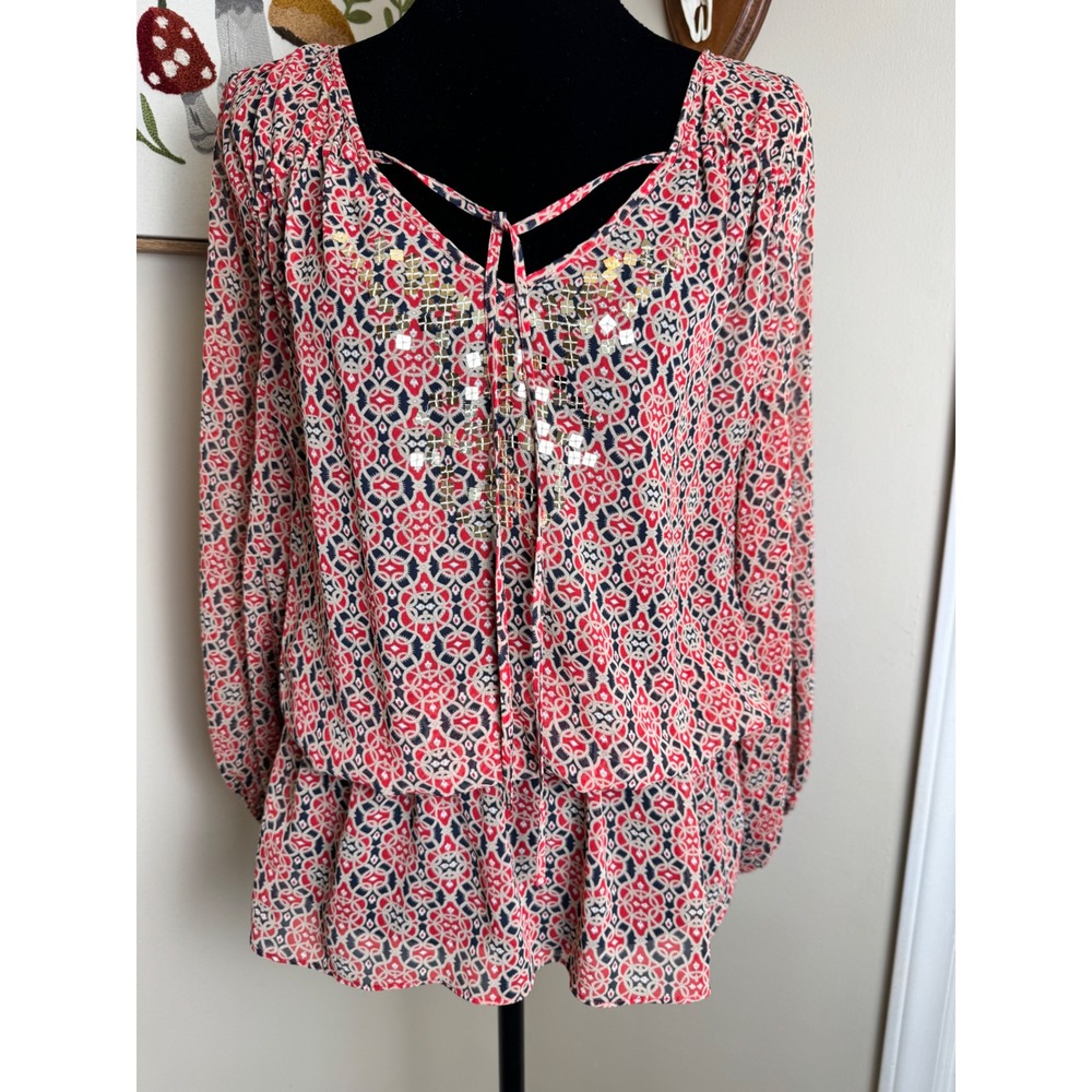 Ellen Tracy Red Geometric Tile Print Sequin Peplum Blouse Split Neck Sz M Boho